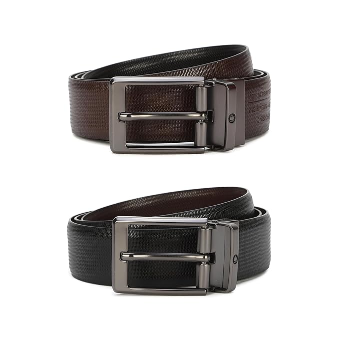 Louis Philippe Men's 100% Italian Leather Matt Gun Metal Buckle Formal Reversible Belt