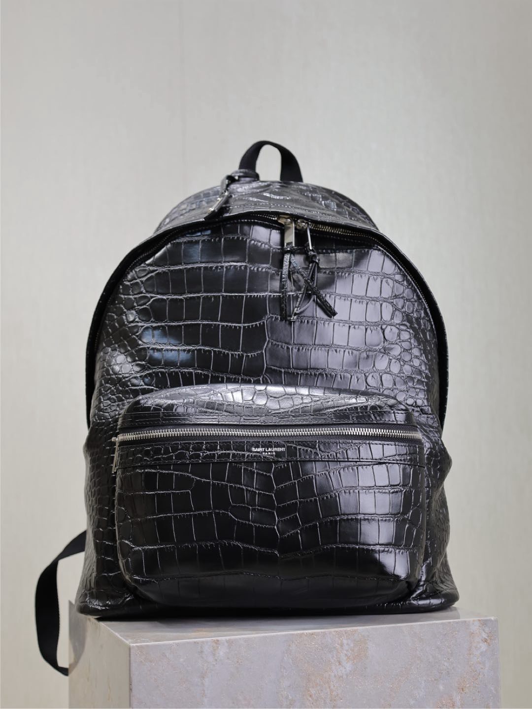City Backpack in Shiny Crocodile-Embossed Leather
