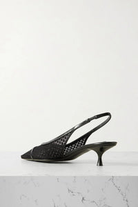 Victoria Beckham Logo-Embellished Leather-Trimmed Point D'esprit Slingback Pumps Black Women's