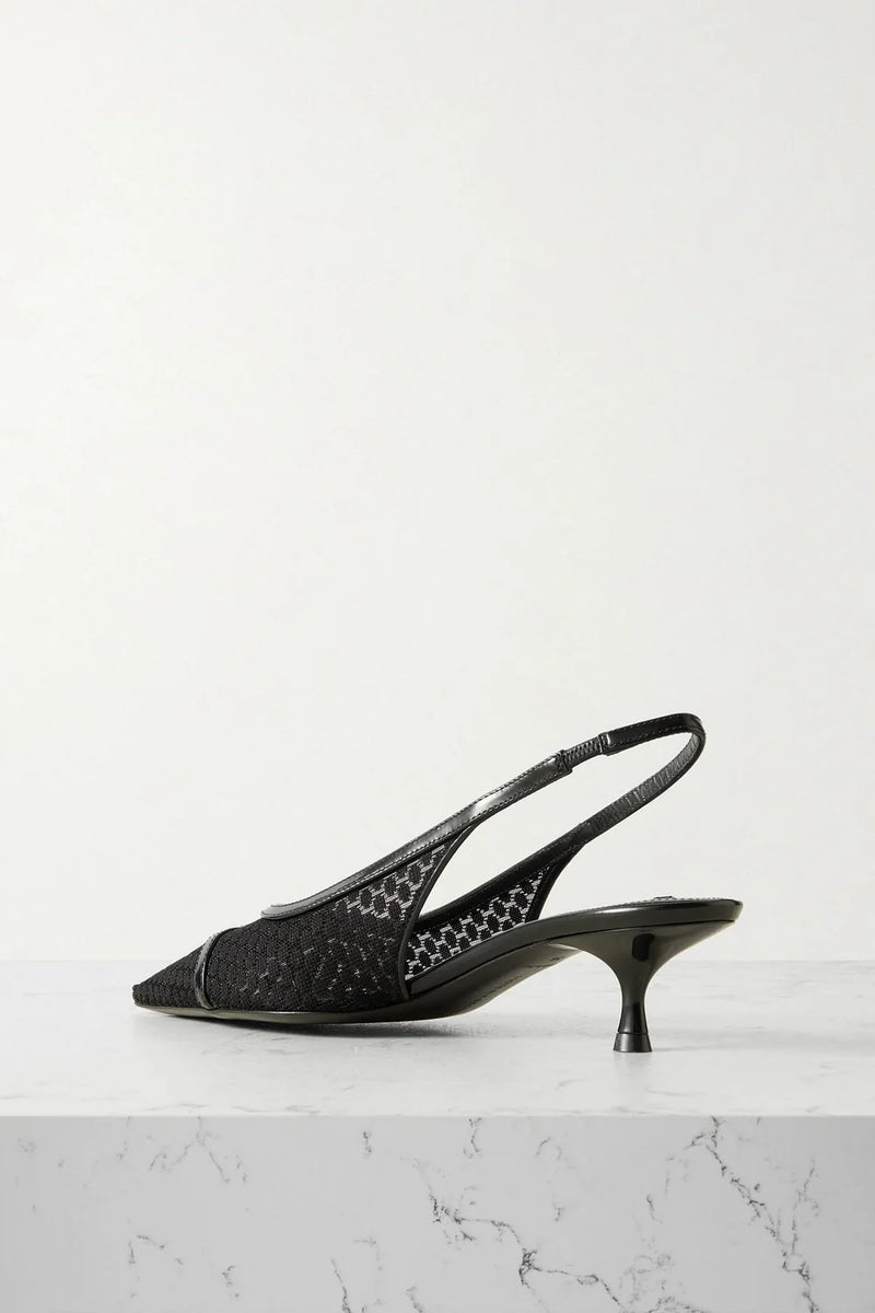 Victoria Beckham Logo-Embellished Leather-Trimmed Point D'esprit Slingback Pumps Black Women's