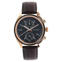 Titan Workwear Quartz Multifunction Black Dial Brown Leather Strap Watch for Men