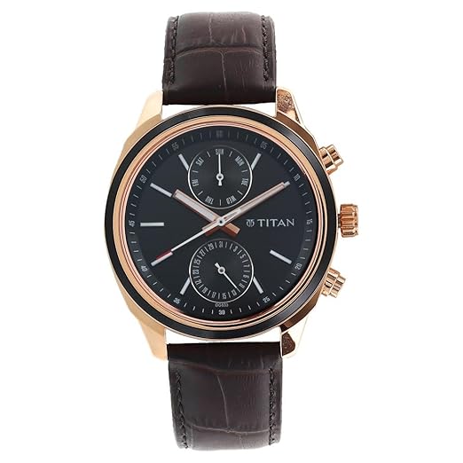 Titan Workwear Quartz Multifunction Black Dial Brown Leather Strap Watch for Men