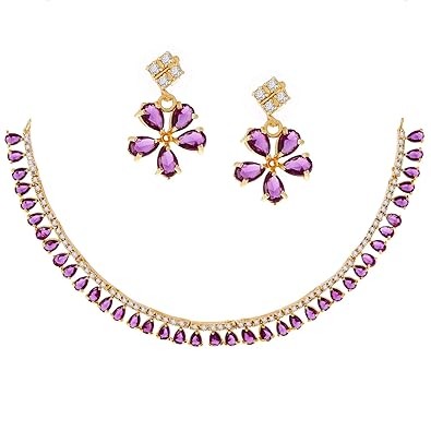 ZENEME Jewellery Set Gold Plated American Diamond Necklace Set