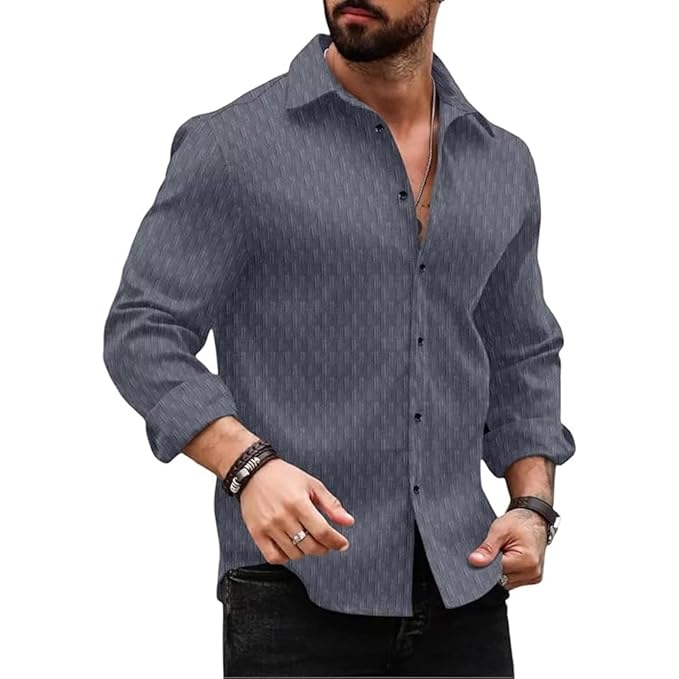 DEELMO Men's Regular Fit Button Down Dress Shirts Textured Long Sleeve Casual Hawaiian Shirt