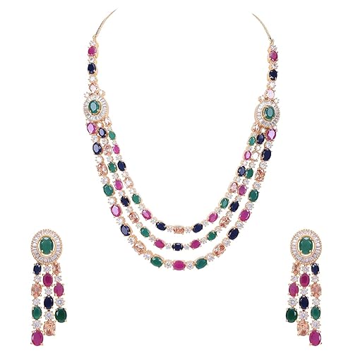 RATNAVALI JEWELS American Diamond Fashion Jewellery Red Green Blue White Multi Layer Necklace