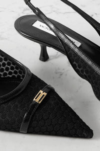 Victoria Beckham Logo-Embellished Leather-Trimmed Point D'esprit Slingback Pumps Black Women's