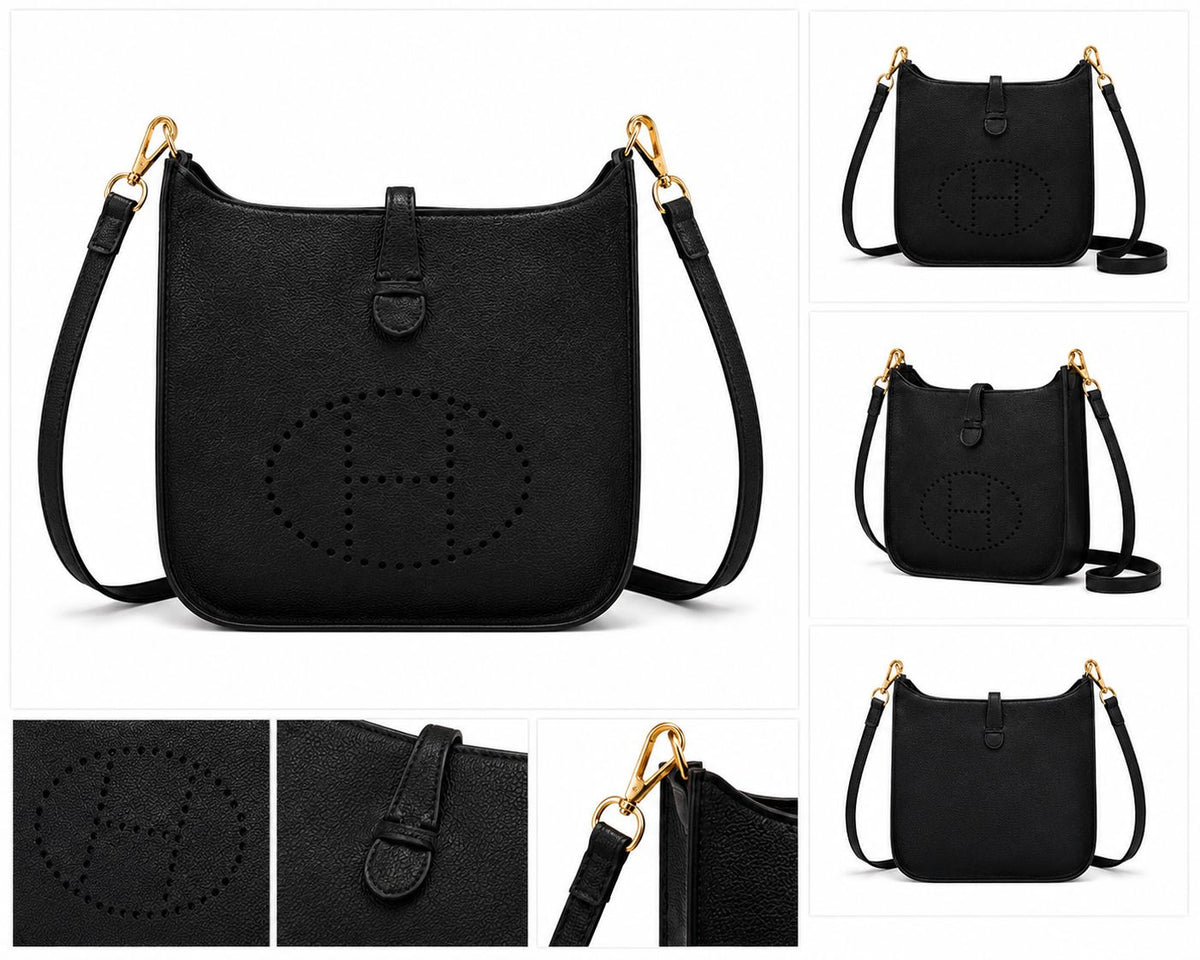 A sleek black crossbody bag with an elegant embossed H design, gold-tone hardware and an adjustable shoulder strap — perfect for everyday styling, shopping and travel.