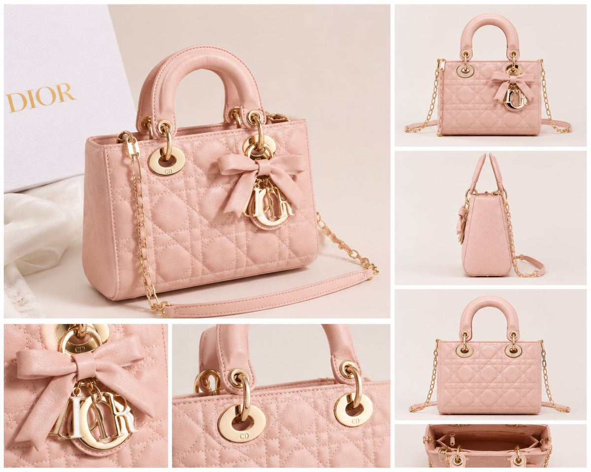 Luxury Pink Quilted Bow Charm Handbag for Women