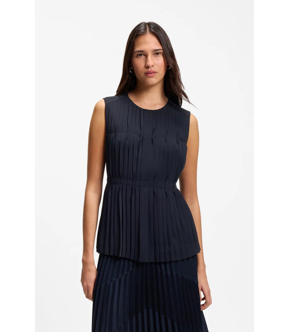 Boss Sleeveless Crepe Blouse With Pleats Dark Blue Women's